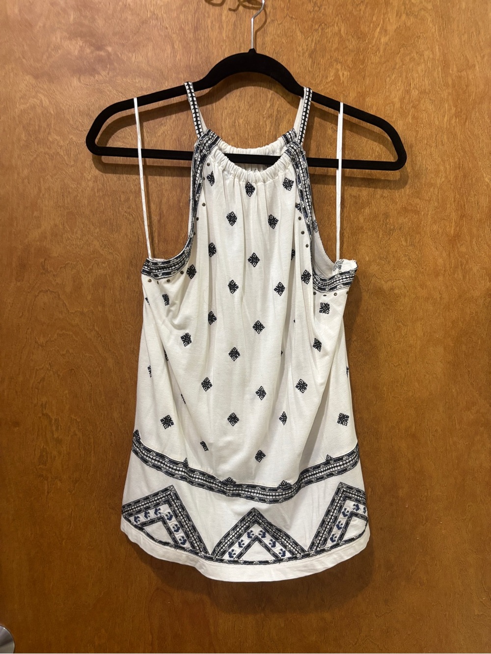 Anthropologie Women’s Ivory and Navy  Embroidered Halter Tank Top Small